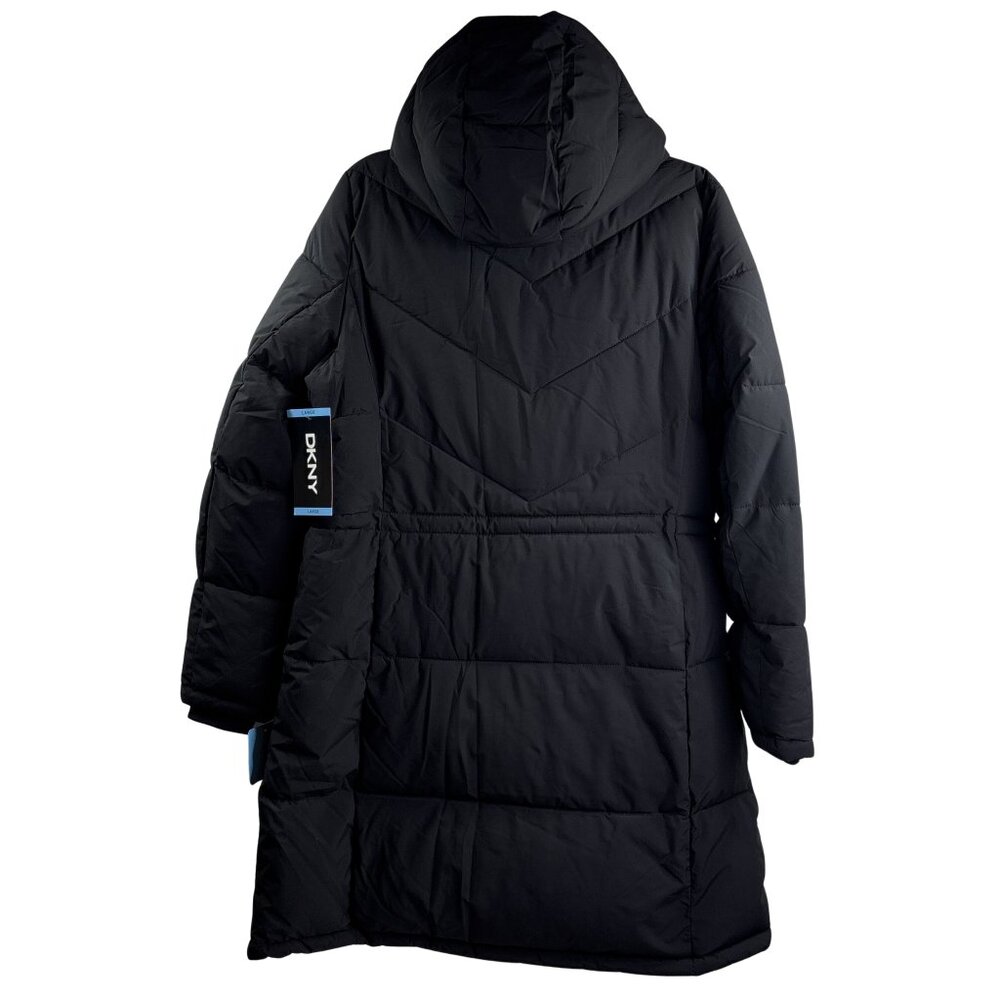 DKNY Women's Long Puffer Jacket Faux Fur Collar Removable Hood Size L Black NWT - Picture 11 of 15